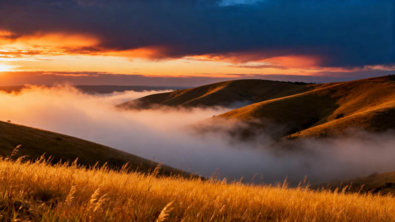 晨雾漫山 金草映霞图片