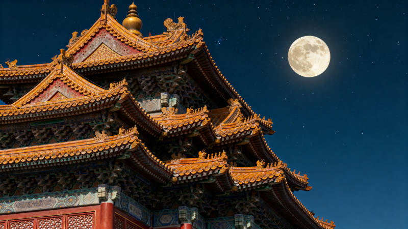 古建筑夜景月明图片