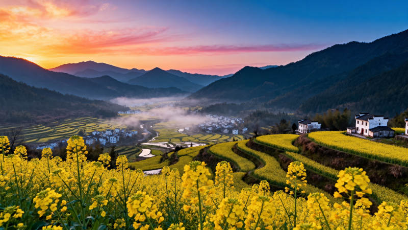 油菜花海晨曦图片