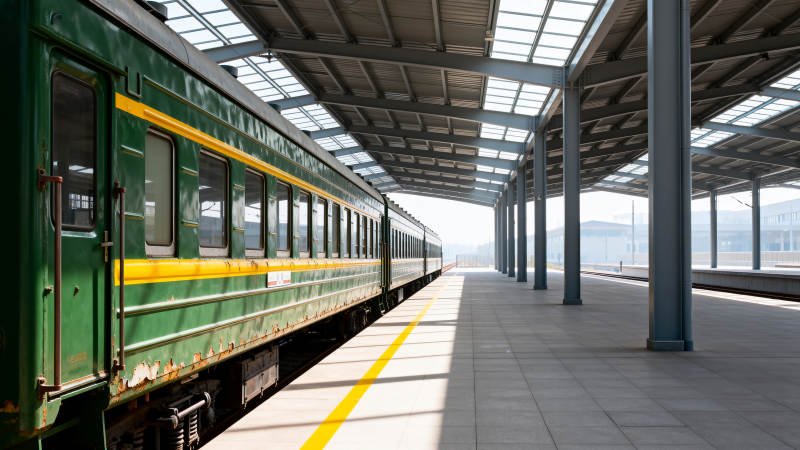 绿皮火车停靠站台图片