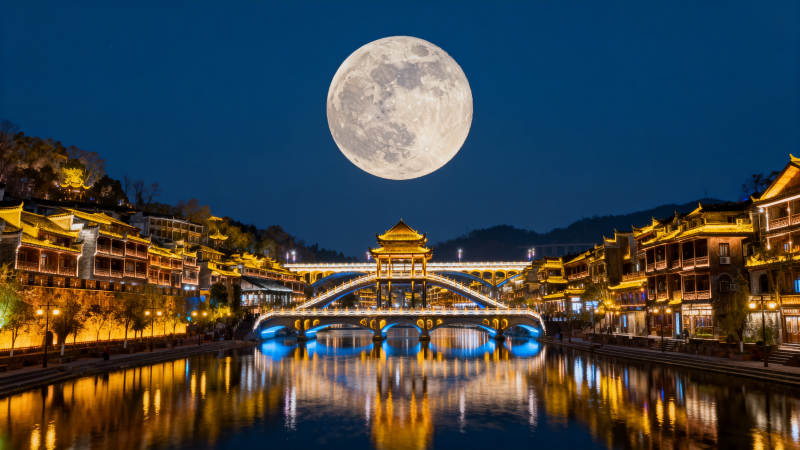 月照古桥夜景图片