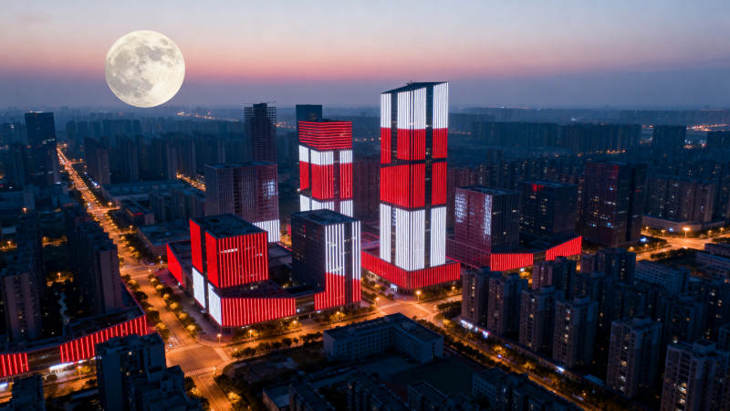 月照红白楼宇图片