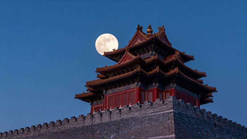 月照古塔夜景图片