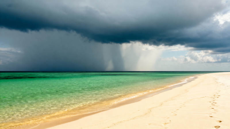 雨幕下的碧海沙滩图片