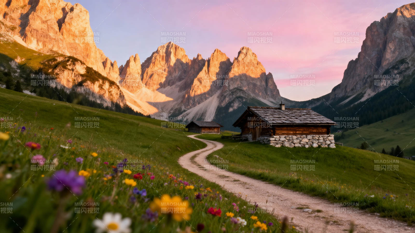 山间小屋与花径图片