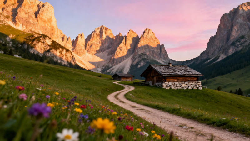 山间小屋与花径图片