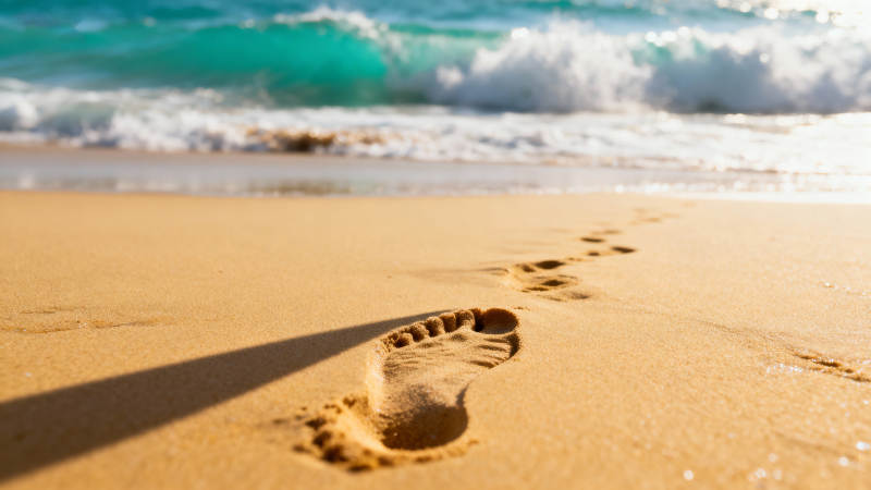 沙滩足迹与海浪图片