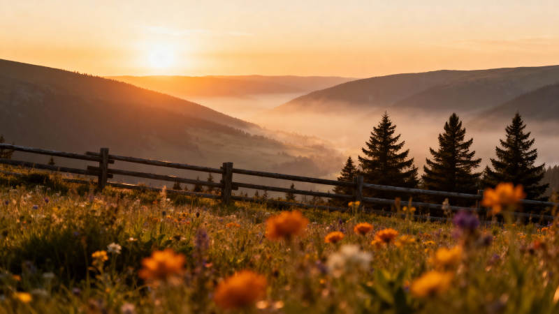 晨曦花海山景图片