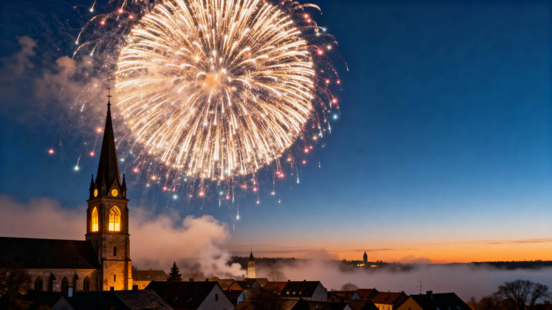烟花映教堂夜景图片