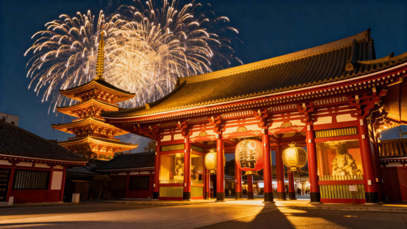 烟花映古寺夜景图片