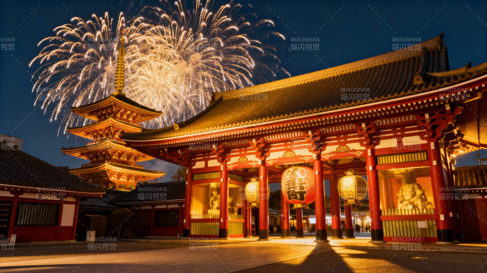 烟花映古寺夜景图片