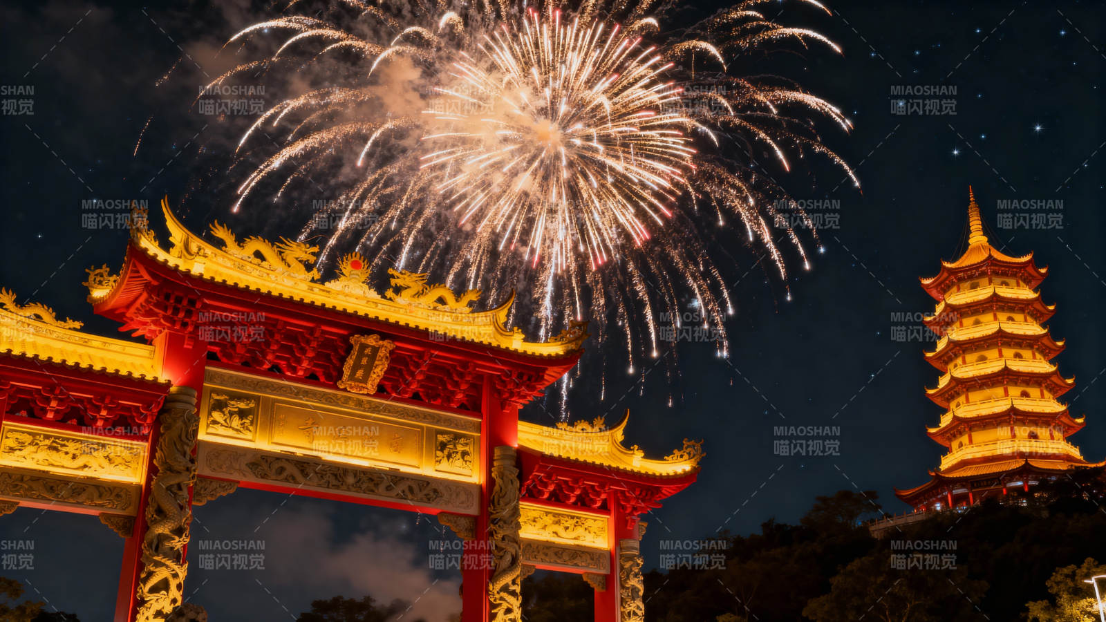 烟花映古塔图片