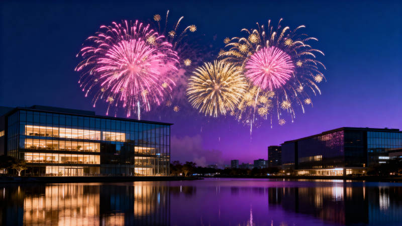 夜空烟花映建筑图片