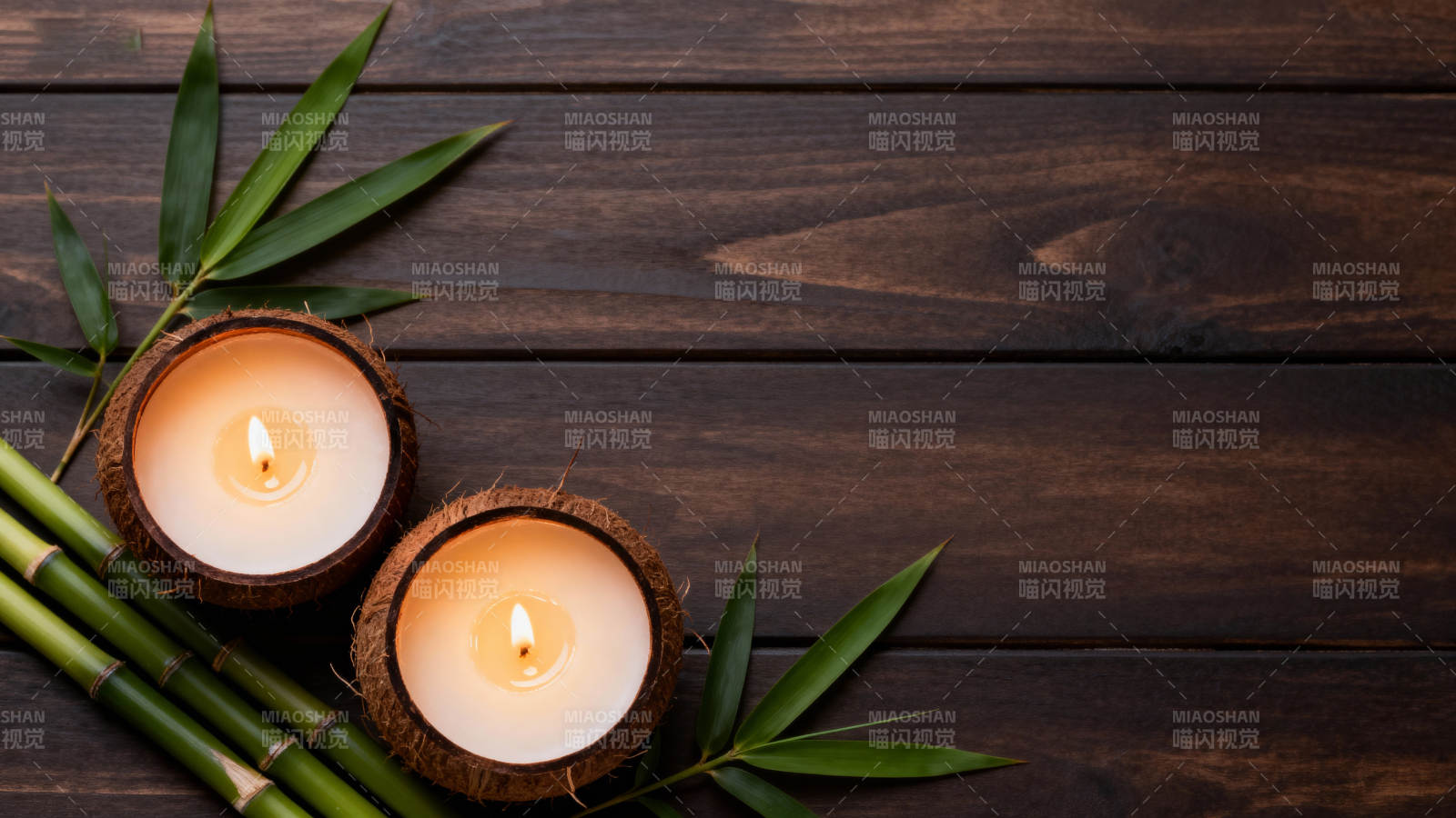 椰壳烛光竹叶静谧图片