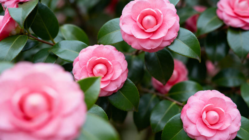 粉红山茶花绽放图片