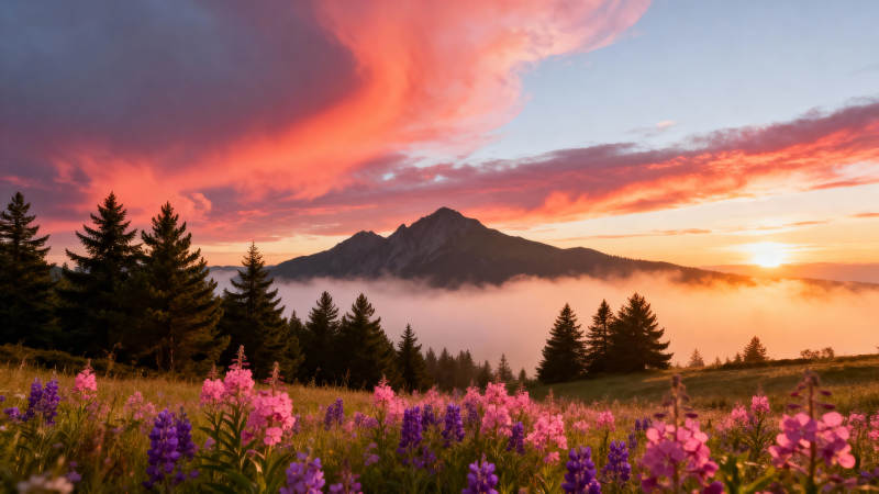 山间花海日出图片