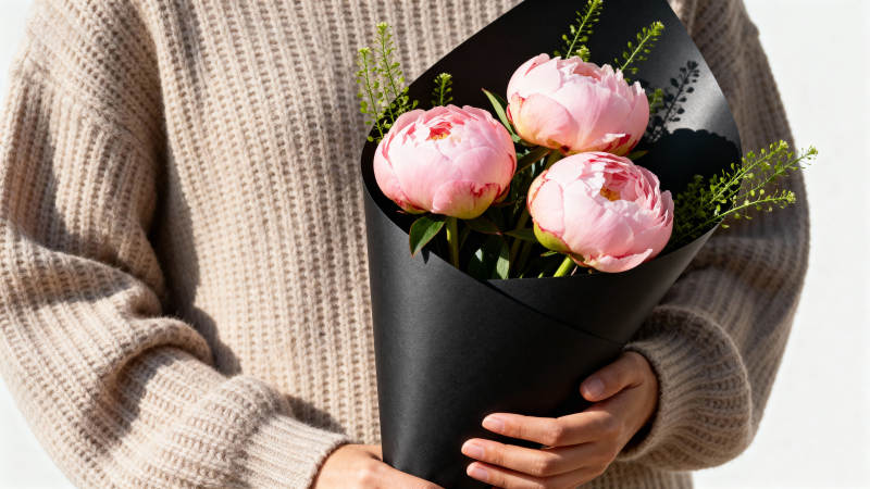 手捧粉色花束图片