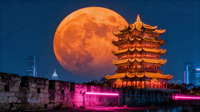 月照古塔夜景图片