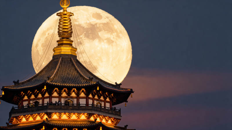 月照古塔夜景图片