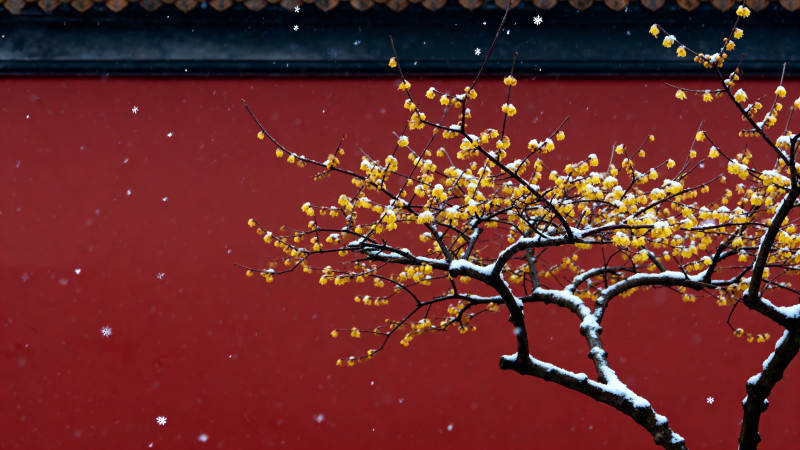 雪中梅枝映红墙图片