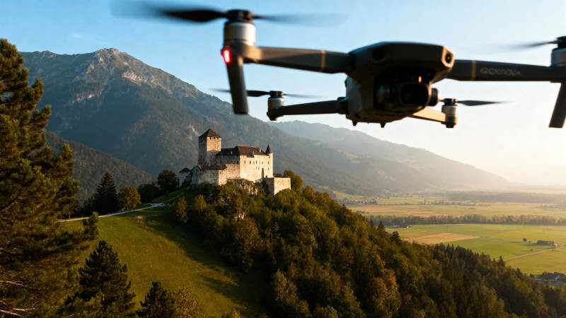 无人机飞越古堡山景图片