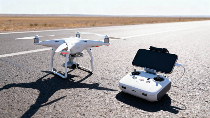 无人机与遥控器静置路面图片