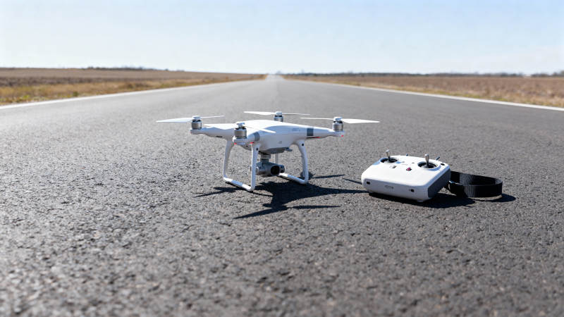 无人机与遥控器静置跑道图片