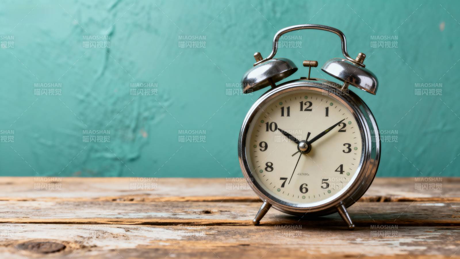 复古闹钟静置木桌图片