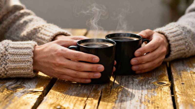 暖手共饮热咖啡图片