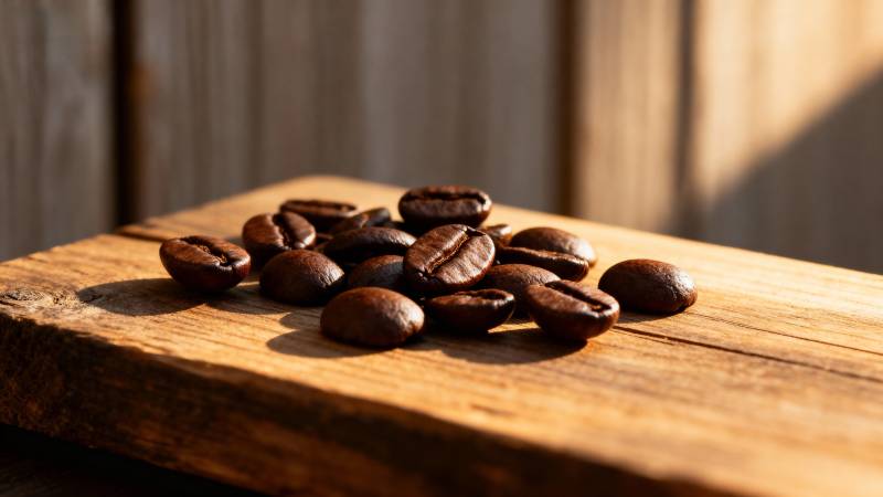 咖啡豆静置木板上图片