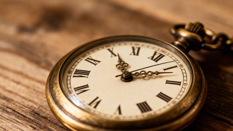 古董怀表静置木桌图片