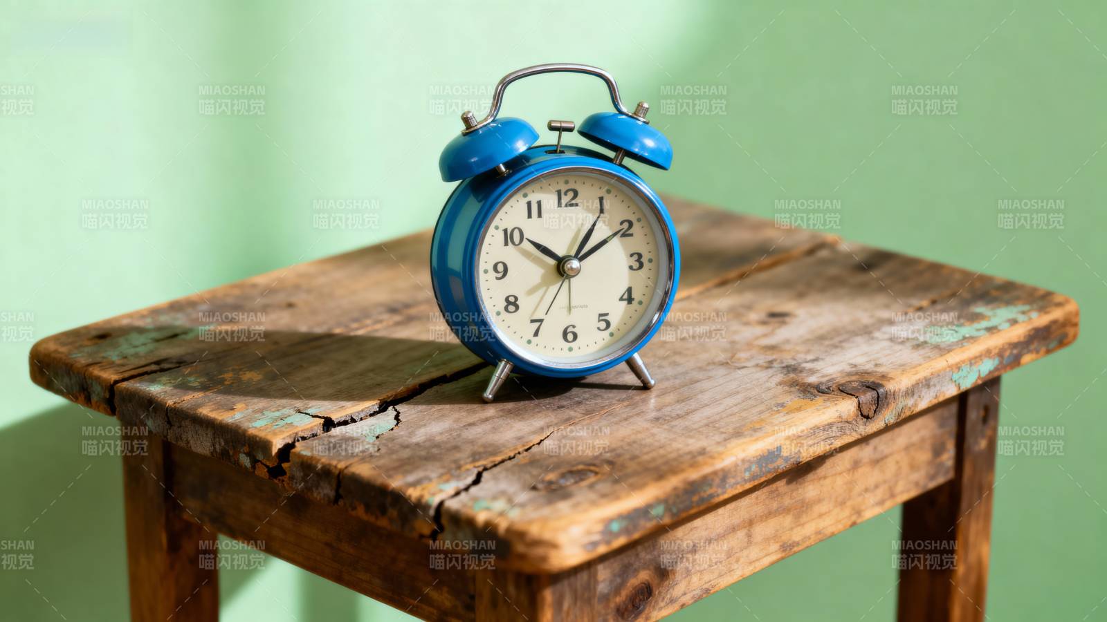 蓝钟静置旧木桌图片