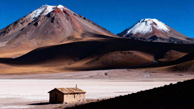 雪山下的孤屋图片