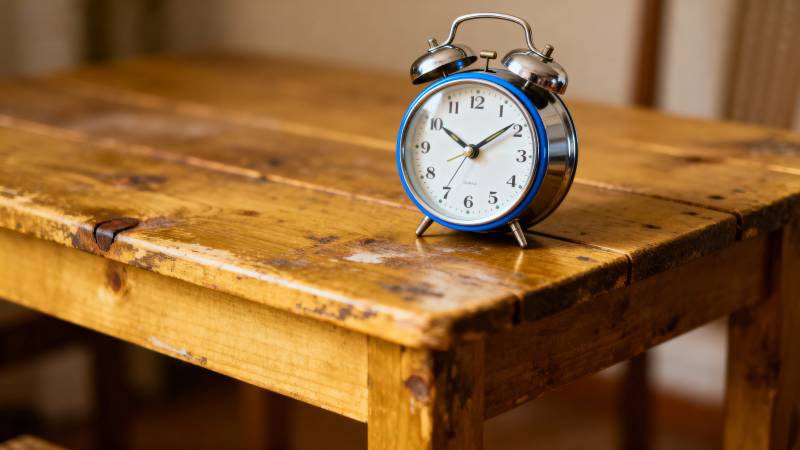 木桌上复古闹钟图片