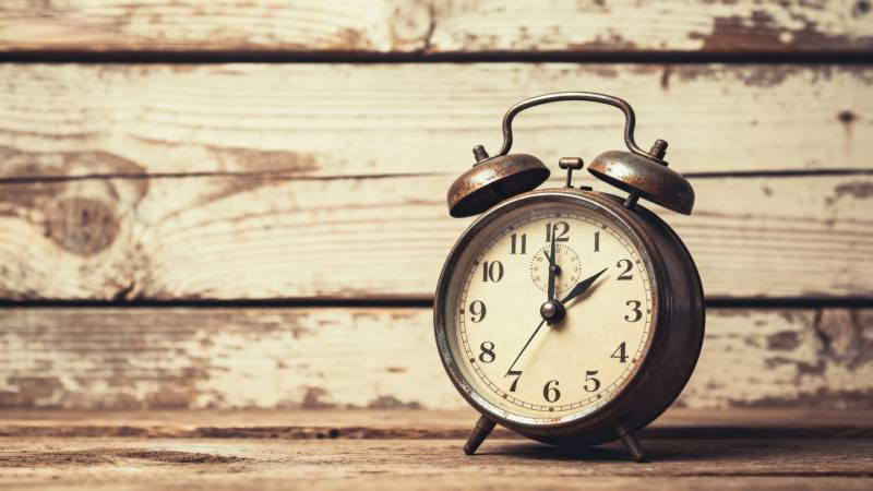 复古闹钟静置木桌图片