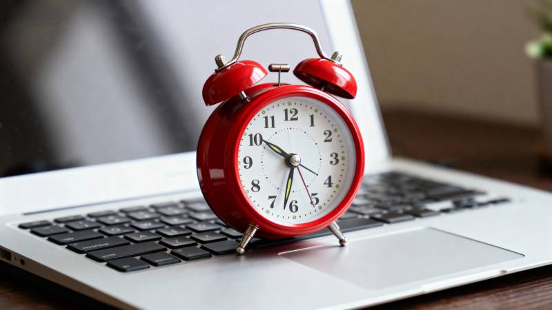 红色闹钟置于笔记本上图片