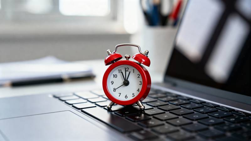 闹钟置于笔记本上图片