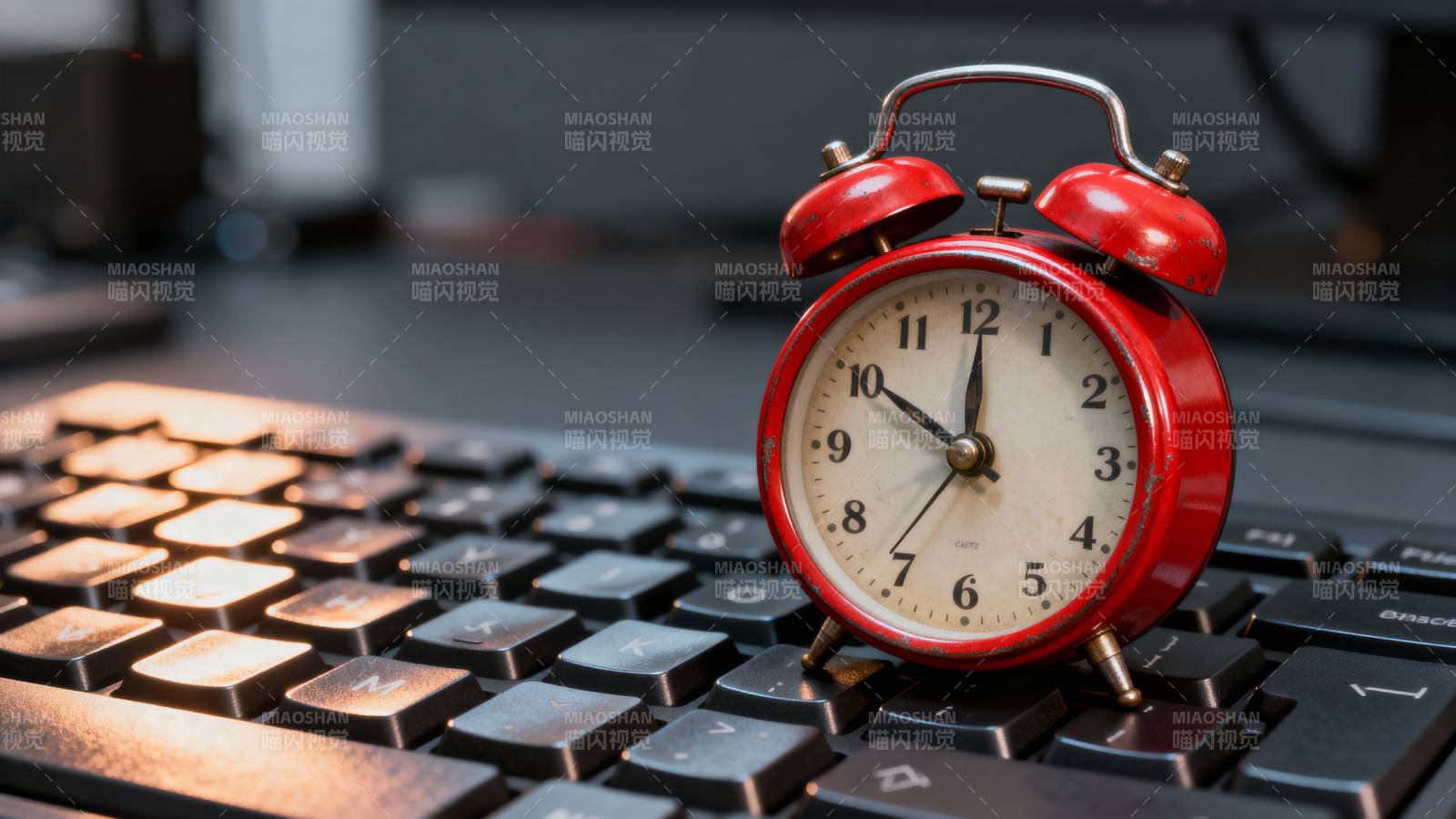 红色闹钟置于键盘上图片