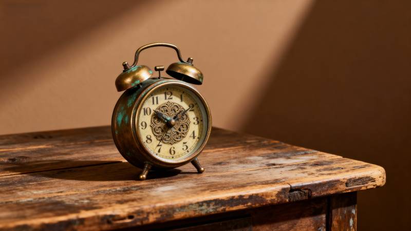 复古闹钟静置木桌图片