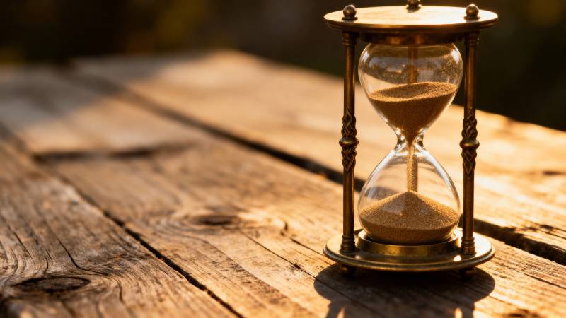 沙漏静置木桌图片