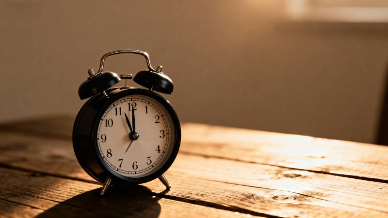 复古闹钟静置木桌图片