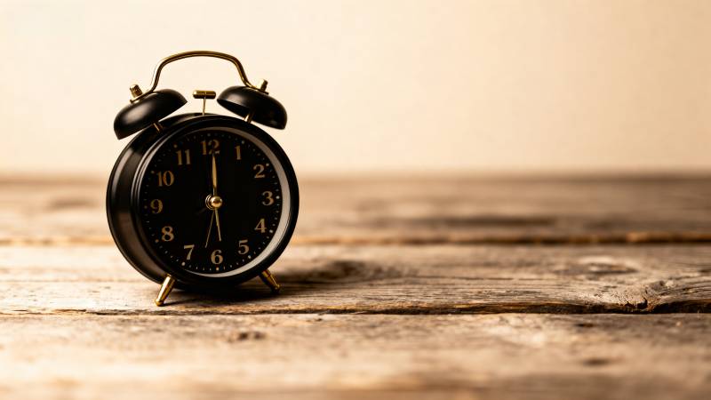 复古闹钟静置木桌图片