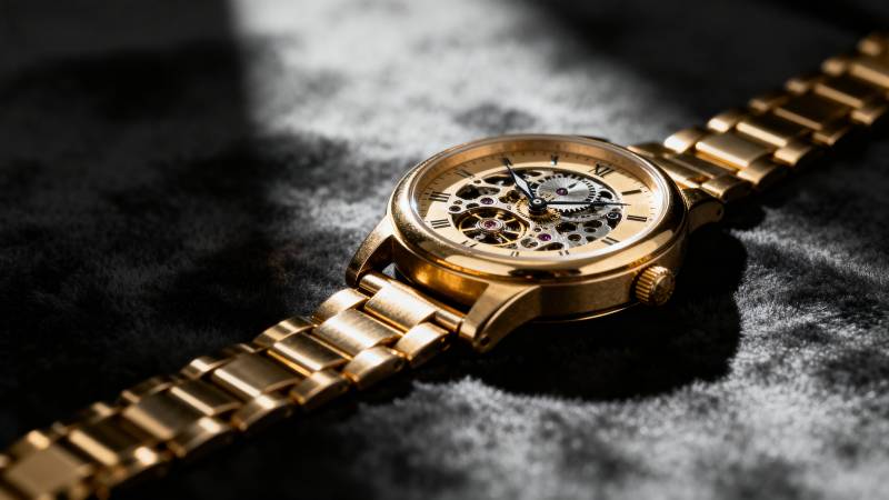 金色机械腕表特写图片