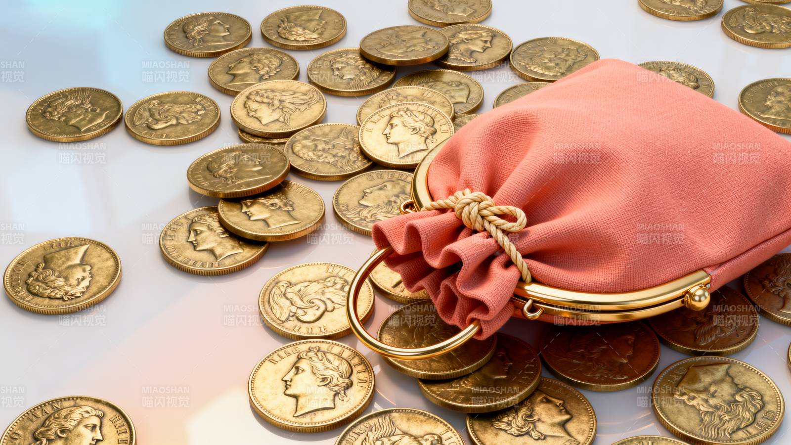 金币与粉红布袋图片