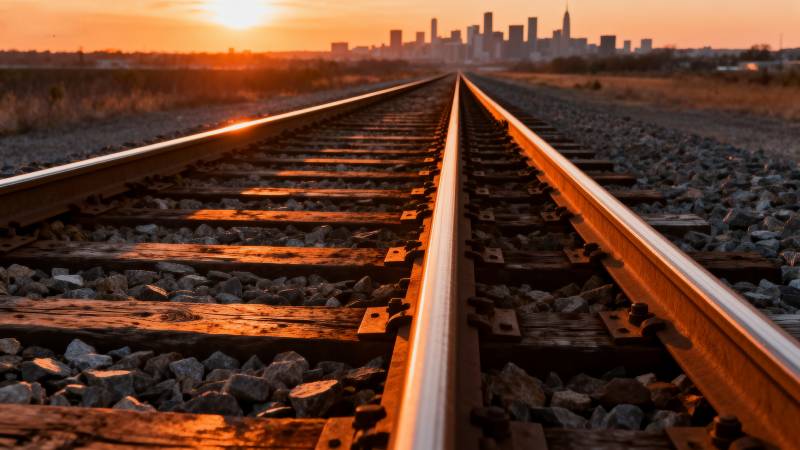 铁轨尽头的城市剪影图片