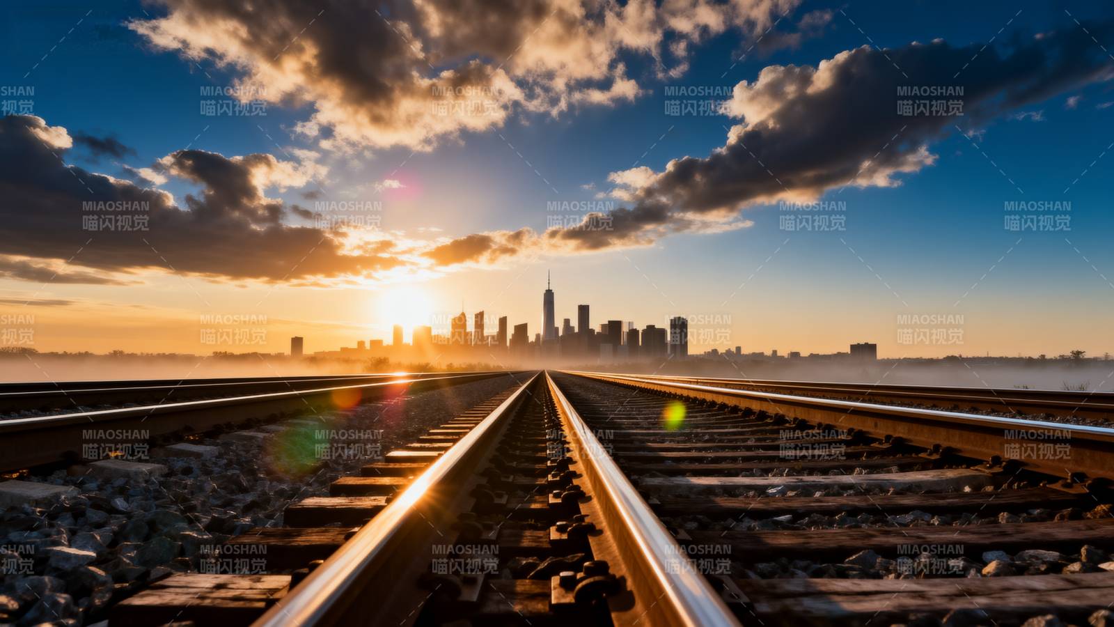 铁轨尽头的城市日出图片