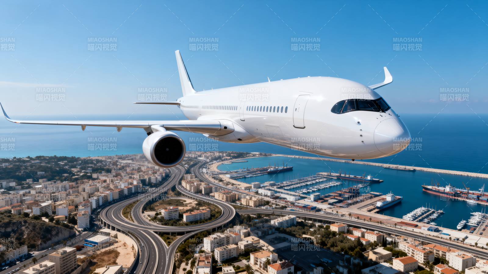 飞机飞越海滨城市图片