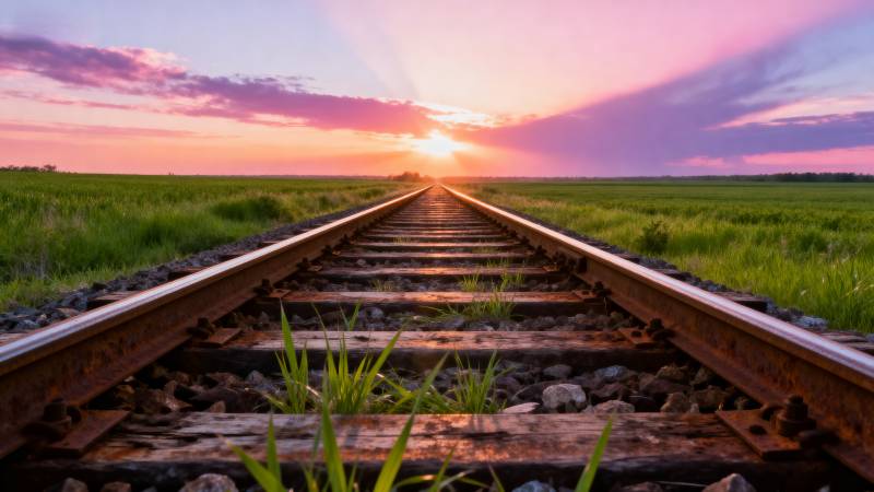 铁轨尽头的夕阳图片