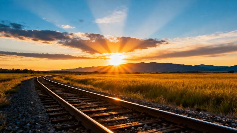 铁轨向日落延伸图片
