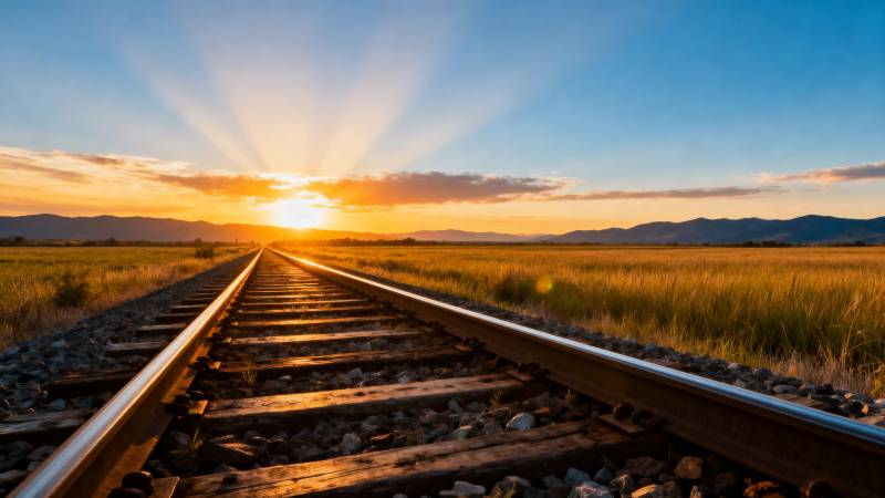 铁轨延伸向日落图片